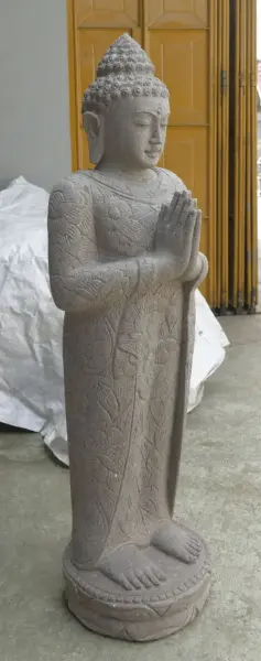 Product image 4 of the product “Standing Buddha with floral carving, Greeting position. 40 x 29 x 120cm. Natural stone (river stone), stonemasonry ”